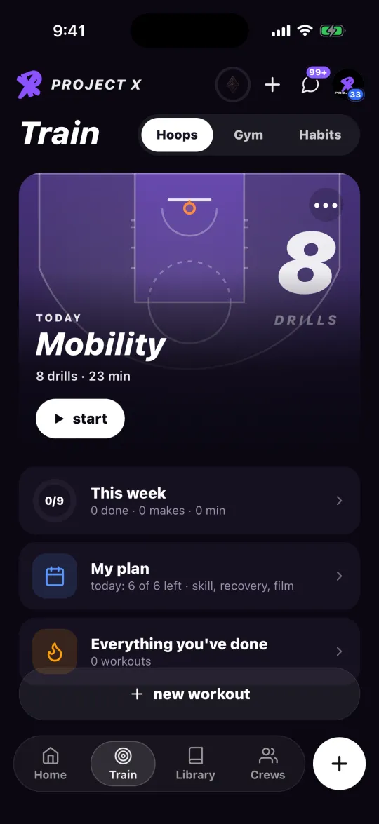 The Train tab: today's workout on the court
