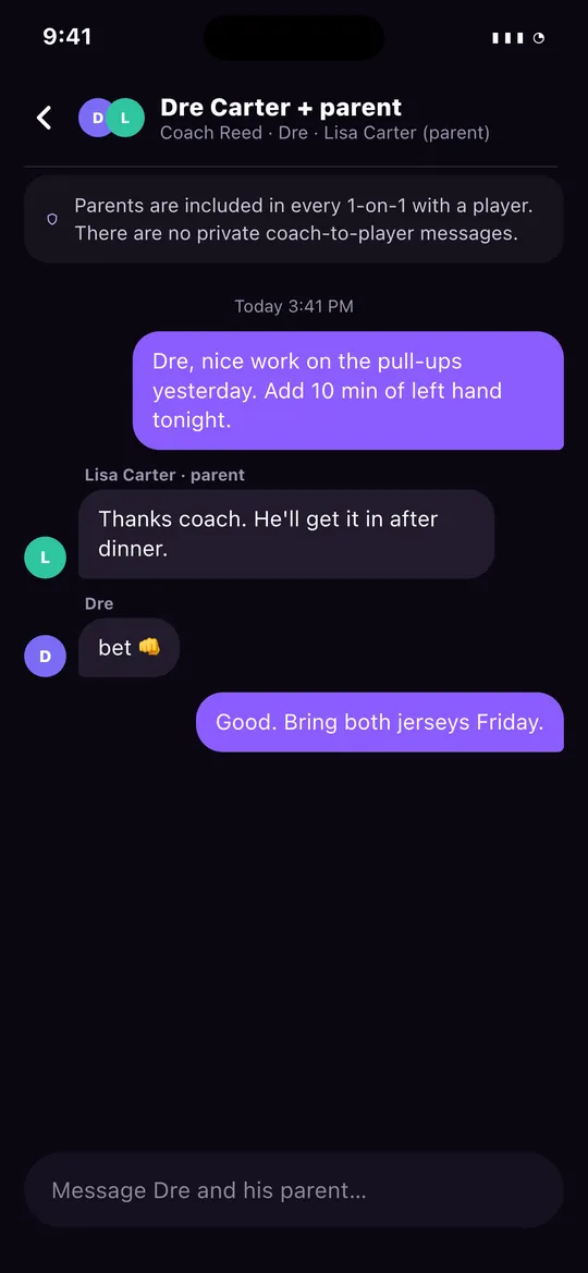 A coach message thread that includes the player's parent